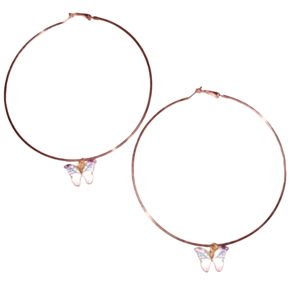 Huge Rose Gold Pink Butterfly Charm Hoops Big XL Oversized Hoop Earrings KATTA - Picture 1 of 9